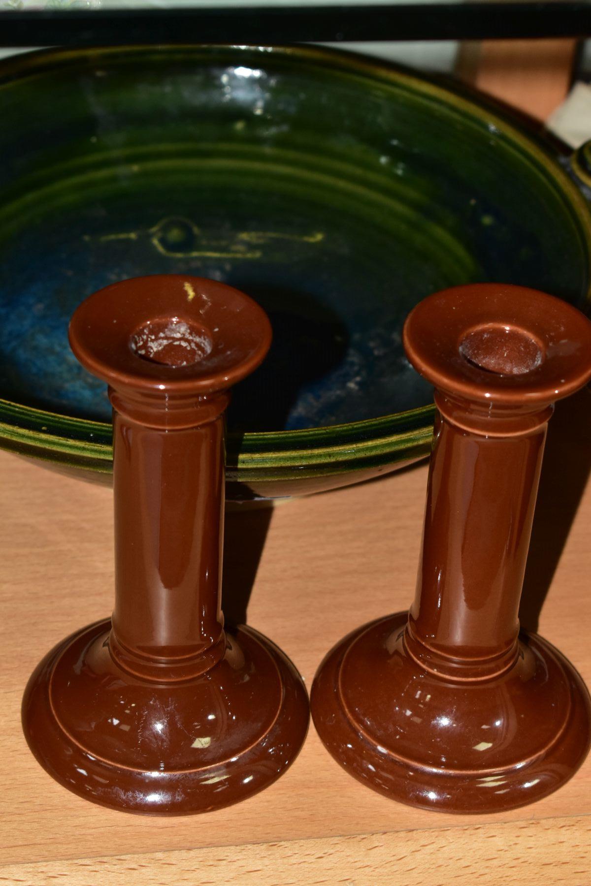 A PAIR OF DOULTON BROWN GLAZED CANDLESTICKS AND A STUDIO POTTERY TWIN HANDLED BOWL, the candlesticks - Image 2 of 5