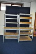 TWO CLARKE SILVER LINE METAL SHELVES, width 90cm, depth 40cm, height 179cm but two uprights cut to