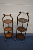 A GOOD QUALITITY REPRODUCTION MAHOGANY FOLDING THREE TIER CAKE STAND, with brown leather surface,