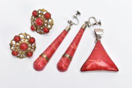 THREE ITEMS OF CORAL JEWELLERY, to include a triangular sponge coral pendant, a pair of tapered drop