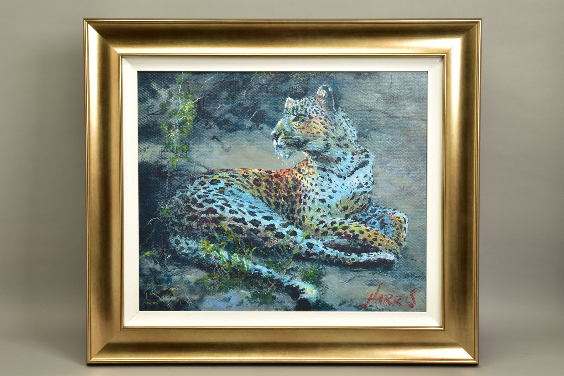 ROLF HARRIS (AUSTRALIAN 1930) 'LEOPARD RECLINING AT DUSK', signed limited edition print 24/195, with