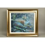 ROLF HARRIS (AUSTRALIAN 1930) 'LEOPARD RECLINING AT DUSK', signed limited edition print 24/195, with