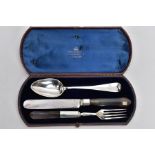 A CASED VICTORIAN SILVER AND AGATE THREE PIECE CHRISTENING SET, the Morocco case with retailers name
