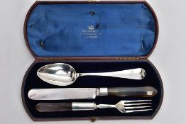 A CASED VICTORIAN SILVER AND AGATE THREE PIECE CHRISTENING SET, the Morocco case with retailers name