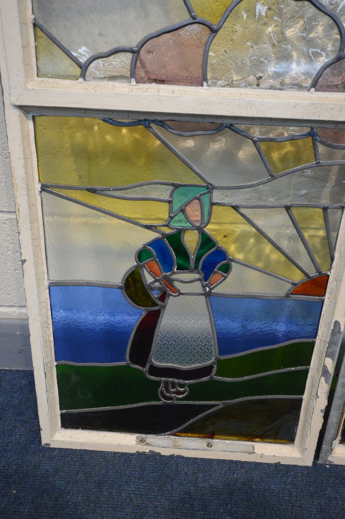 A PAIR OF EARLY 20TH CENTURY STAINED GLASS WINDOWS depicting a Dutch seascape with a windmill, - Image 3 of 7