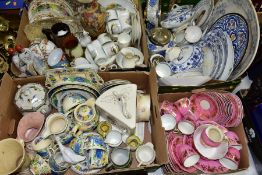 FOUR BOXES OF CERAMICS TEA/DINNERWARES, ORNAMENTS, etc, to include Masons Regency/Strathmore