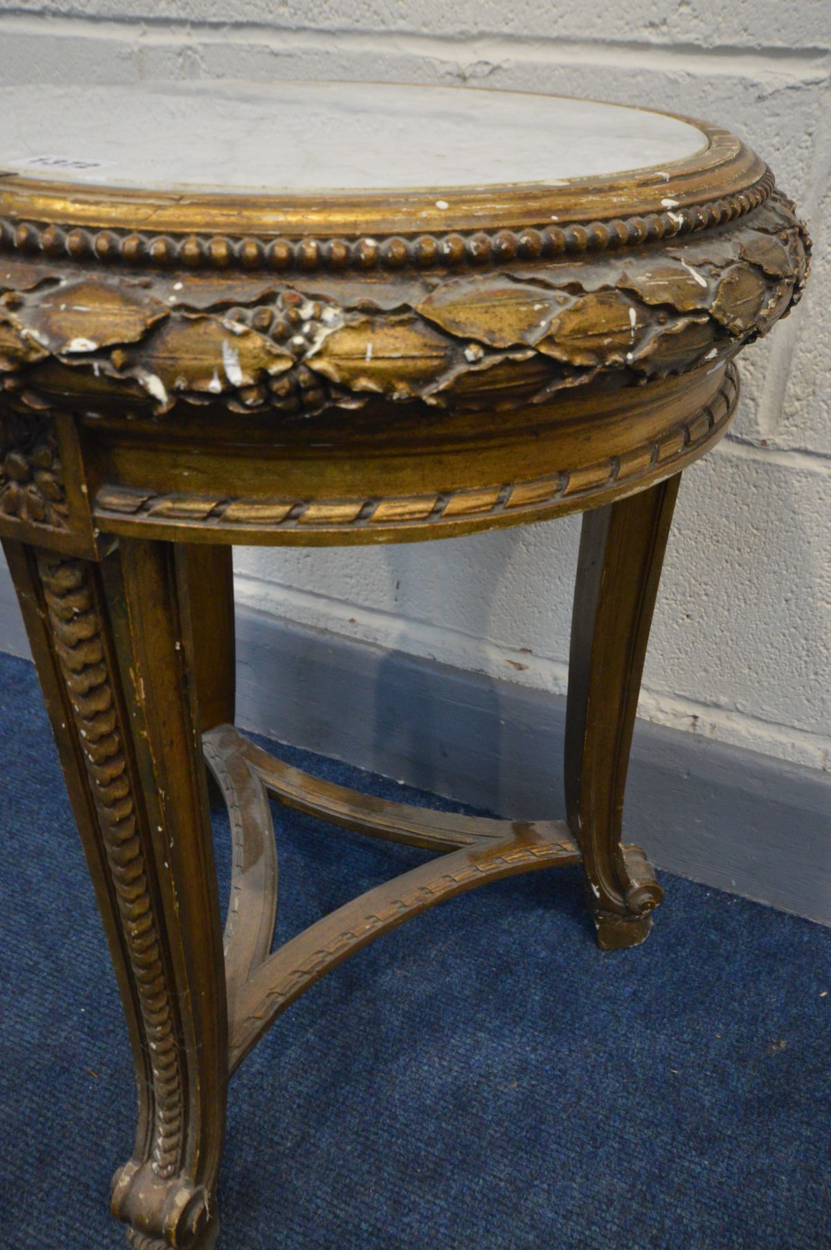 A FRENCH GILTWOOD CIRCULAR MARBLE TOP OCCASIONAL TABLE, on triple legs united by a shaped stretcher, - Image 2 of 3