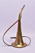 A 20TH CENTURY CONTINENTAL BRASS HUNTING HORN, with applied boars head motif and plated
