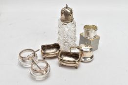 A BOX OF ASSORTED SILVER ITEMS, to include a pair of salts, each of a rectangular baluster form,