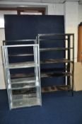 FIVE METAL SHELVING UNITS comprising of three black 91cm wide, 31cm deep and 170cm high and two