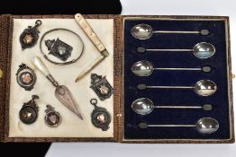 A SELECTION OF SILVER ITEMS, to include a cased set of six coffee spoons, each fitted with a black