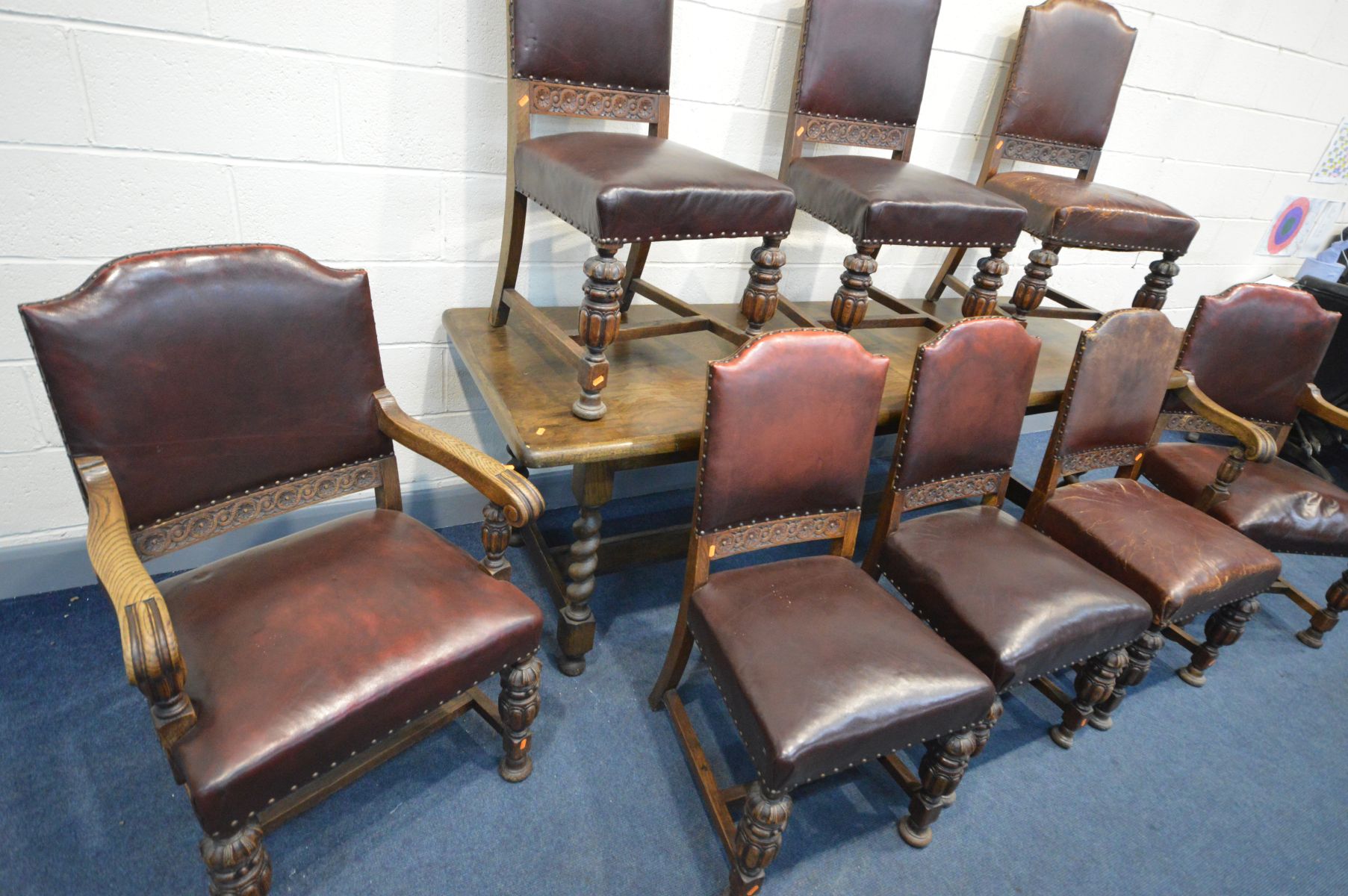 A SET OF EIGHT EARLY LATE 19TH/20TH CENTURY OAK AND OXBLOOD LEATHER STUDDED DINING CHAIRS, including - Image 4 of 6