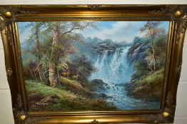 R. DANFORD (20TH CENTURY) a waterfall landscape with deer, signed bottom left, oil on canvas, gilt