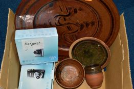 FOUR ITEMS OF STUDIO POTTERY INCLUDING WINCHCOMBE AND DIGITAL CAMERA ACCESSORIES, comprising one