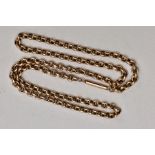 A YELLOW METAL BELCHER CHAIN, fitted with a push pin barrel clasp, chain stamped '9ct', length