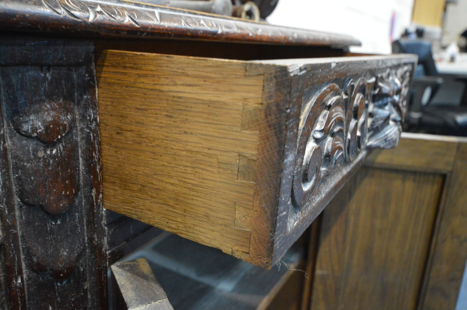 A 19TH CENTURY HEAVILY CARVED OAK HALL STAND, with a pediment and finials to top, a central bevel - Image 9 of 12