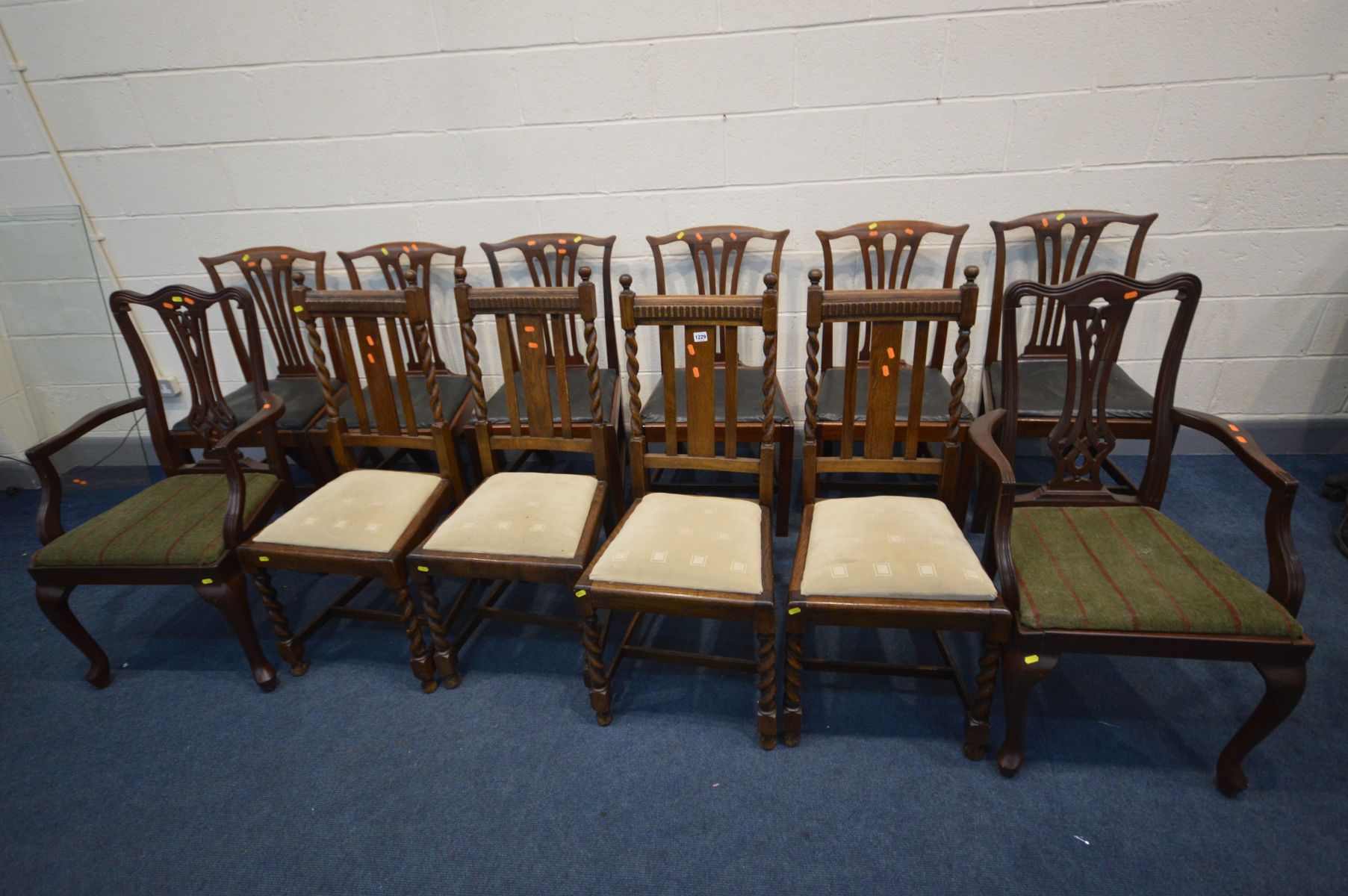 A COLLECTION OF VARIOUS CHAIRS comprising of a set of six mahogany dining chairs with black faux