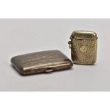 A SILVER CIGRETTE CASE AND A WHITE METAL VESTA, the cigarette case of an engine turned design,