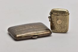 A SILVER CIGRETTE CASE AND A WHITE METAL VESTA, the cigarette case of an engine turned design,