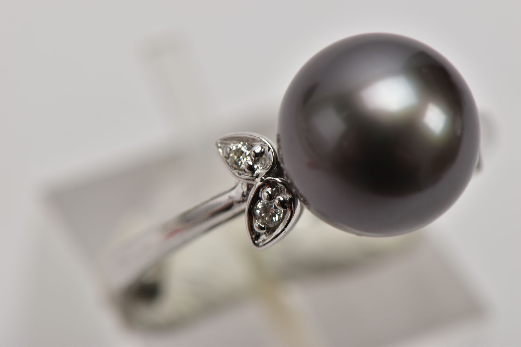 A 9CT WHITE GOLD CULTURED PEARL AND DIAMOND RING, designed with a single cultured black pearl, round - Image 3 of 3