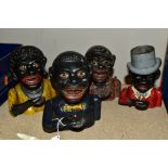 A QUANTITY OF CAST IRON DINAH AND JOLLY GENTLEMAN MONEY BOXES/BANKS, assorted designs and colours,