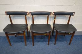 HANS OLSEN FOR FREM ROJLE, a set of three Danish teak dining chairs with black leatherette back