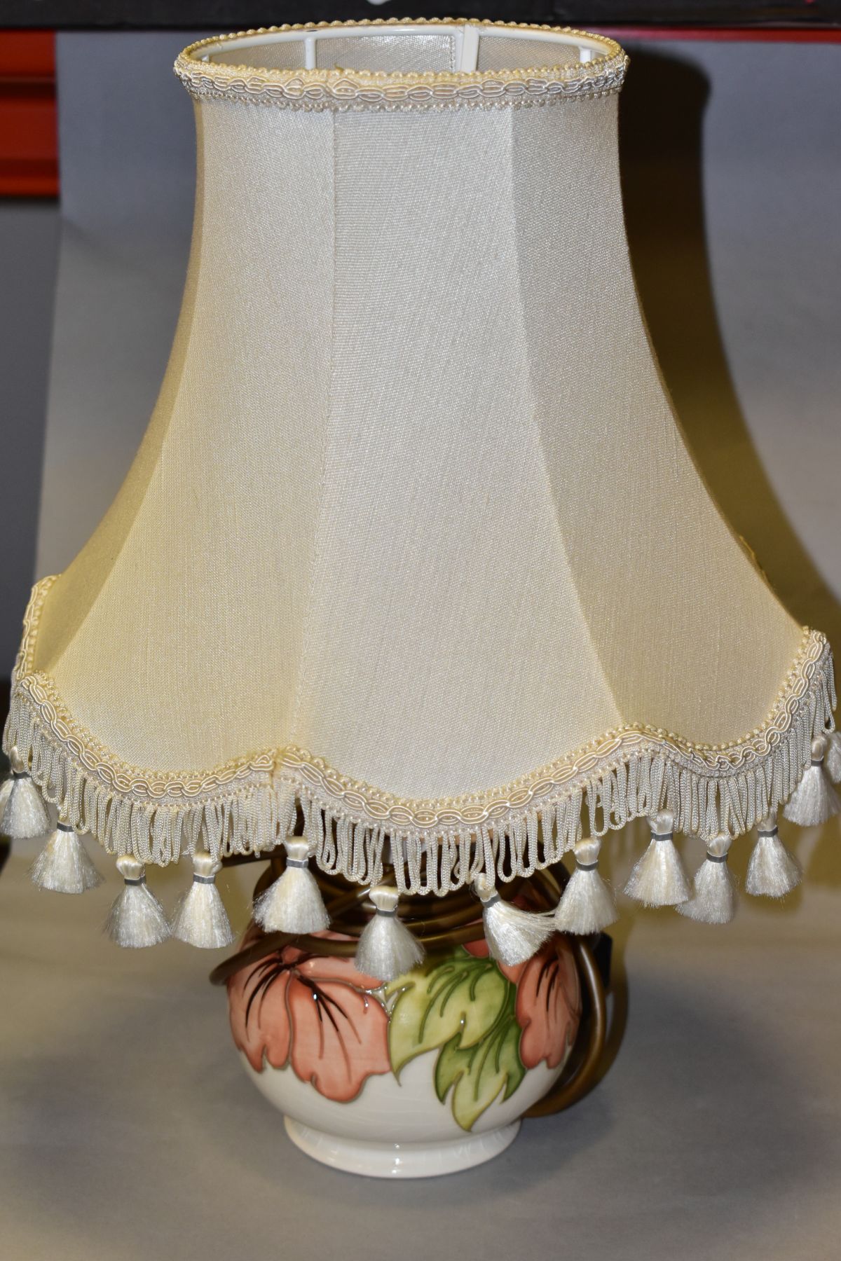 A MOORCROFT POTTERY BALUSTER TABLE LAMP, decorated with coral Hibiscus on a cream ground, - Image 2 of 5