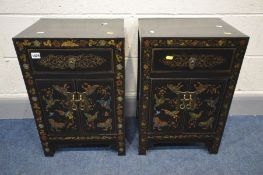 A PAIR ORIENTAL EBONISED TWO DOOR CABINETS, with single drawers, width 40cm x depth 32cm x height