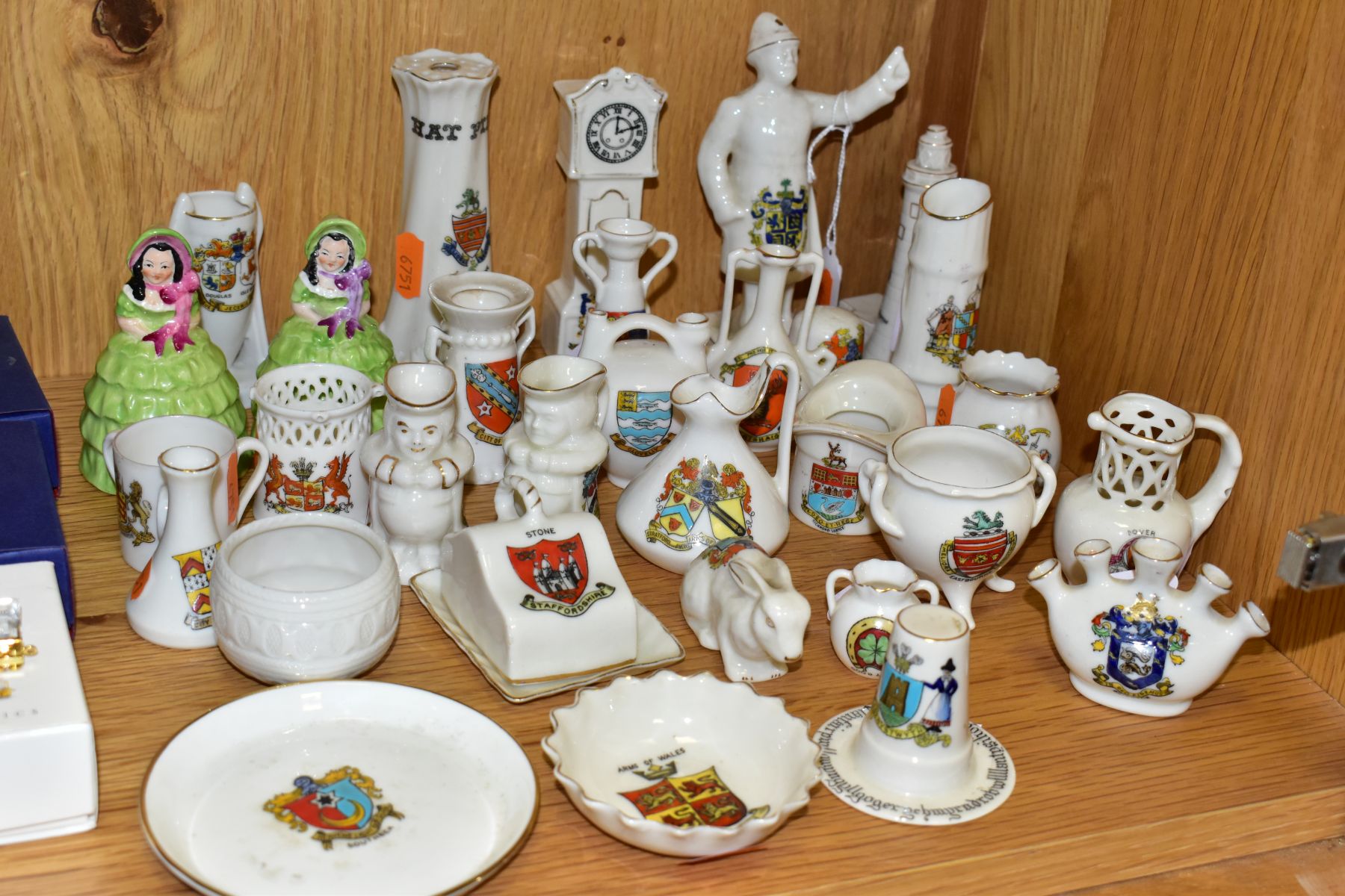 A GROUP OF CRESTED CHINA, etc, to include two Goss table bells in the form of crinoline ladies,