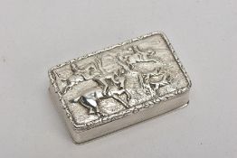 A SILVER TABLE SNUFF BOX, embossed fox hunting scene to the lid, engine turned design to the sides
