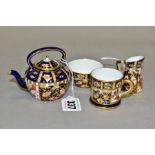 FOUR ROYAL CROWN DERBY IMARI MINIATURE ITEMS, comprising a kettle, height 6cm, a jug with angled