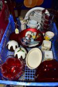 A BOX OF CERAMIC AND GLASS ITEMS to include six pieces of red glassware, including Whitefriars