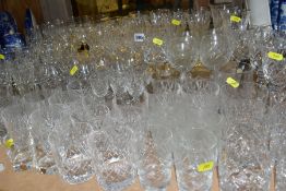 A GROUP OF CUT/CLEAR GLASSES, to include wines, flutes, brandy, tumblers, liqueur, etc, Burns