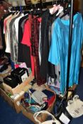 FOUR BOXES OF SHOES AND HANDBAGS AND MORE THAN THIRTY ITEMS OF LADIES CLOTHING, clothing brands