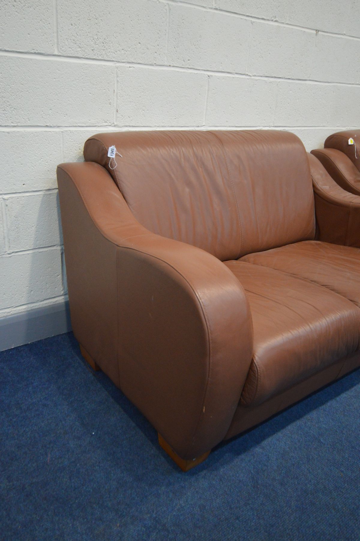 A BROWN LEATHER TWO PIECE LOUNGE SUITE, comprising a two seater settee and an armchair (2) - Image 2 of 2