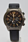 A GENTS 'FOSSIL' CHRONOGRAPH WRISTWATCH, round oversize black dial signed 'Fossil 10 ATM', Arabic