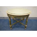 A 19TH CENTURY CIRCULAR GILTWOOD LOUIS XVI STYLE TABLE, marble top, foliate carving, on four