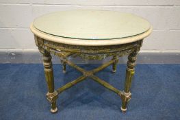 A 19TH CENTURY CIRCULAR GILTWOOD LOUIS XVI STYLE TABLE, marble top, foliate carving, on four