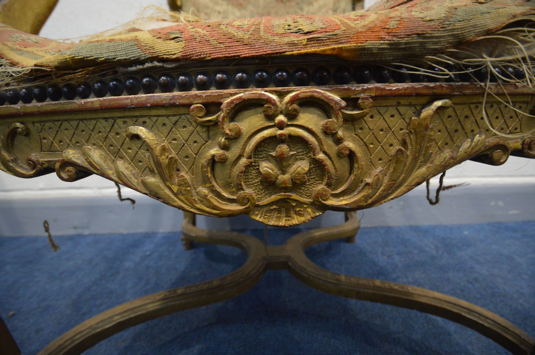 A LOUIS XVI STYLE OPEN GILTWOOD OPEN ARMCHAIR, square back, shaped legs united by a cross stretcher, - Image 6 of 10