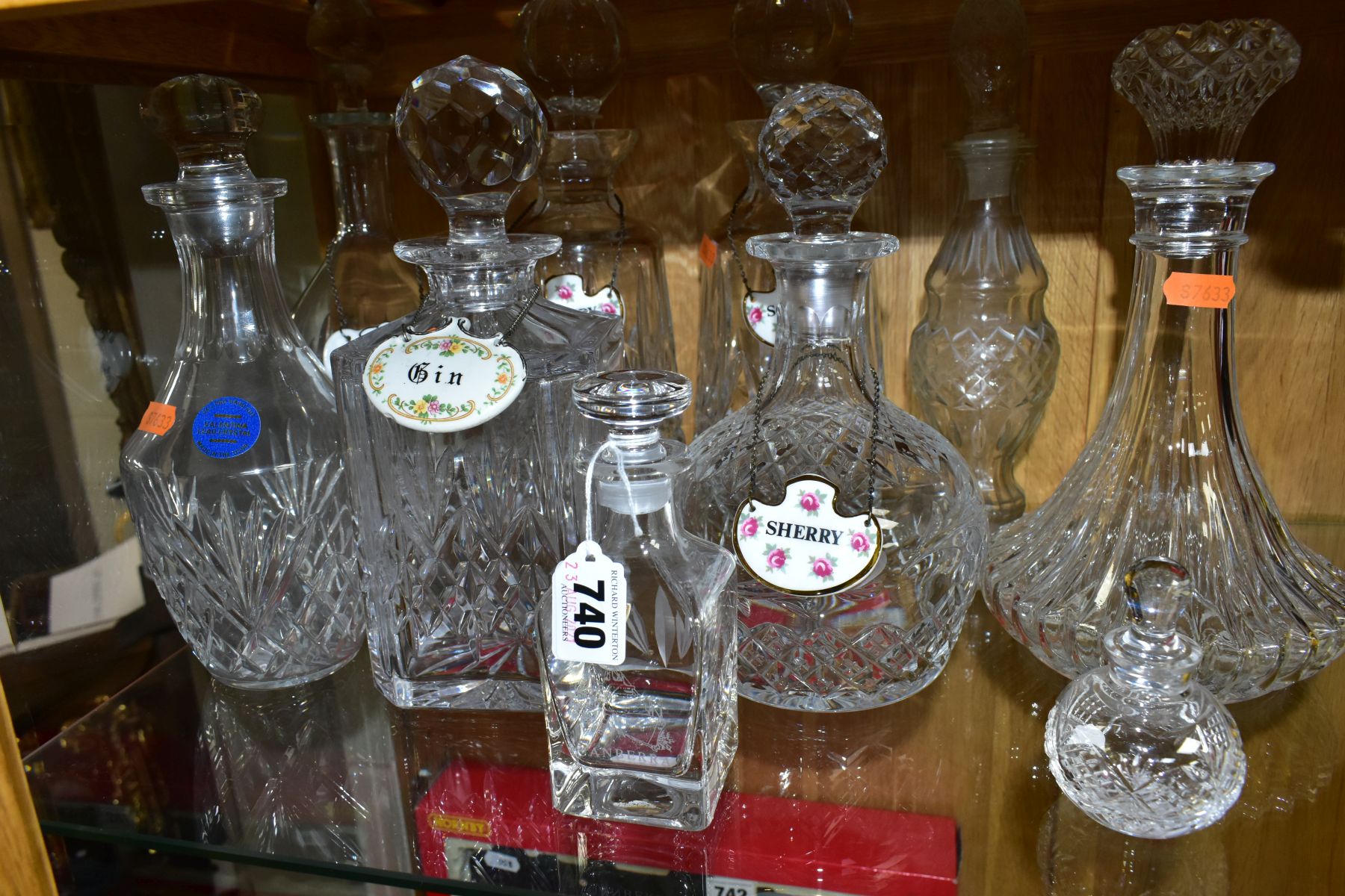 TEN CUT AND PRESSED GLASS DECANTERS AND BOTTLES, five with named porcelain decanter labels, one - Image 6 of 6