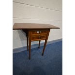 AN EDWARDIAN MAHOGANY AND INLAID DROP LEAF POT CUPBOARD, with a single cupboard, on square tapered