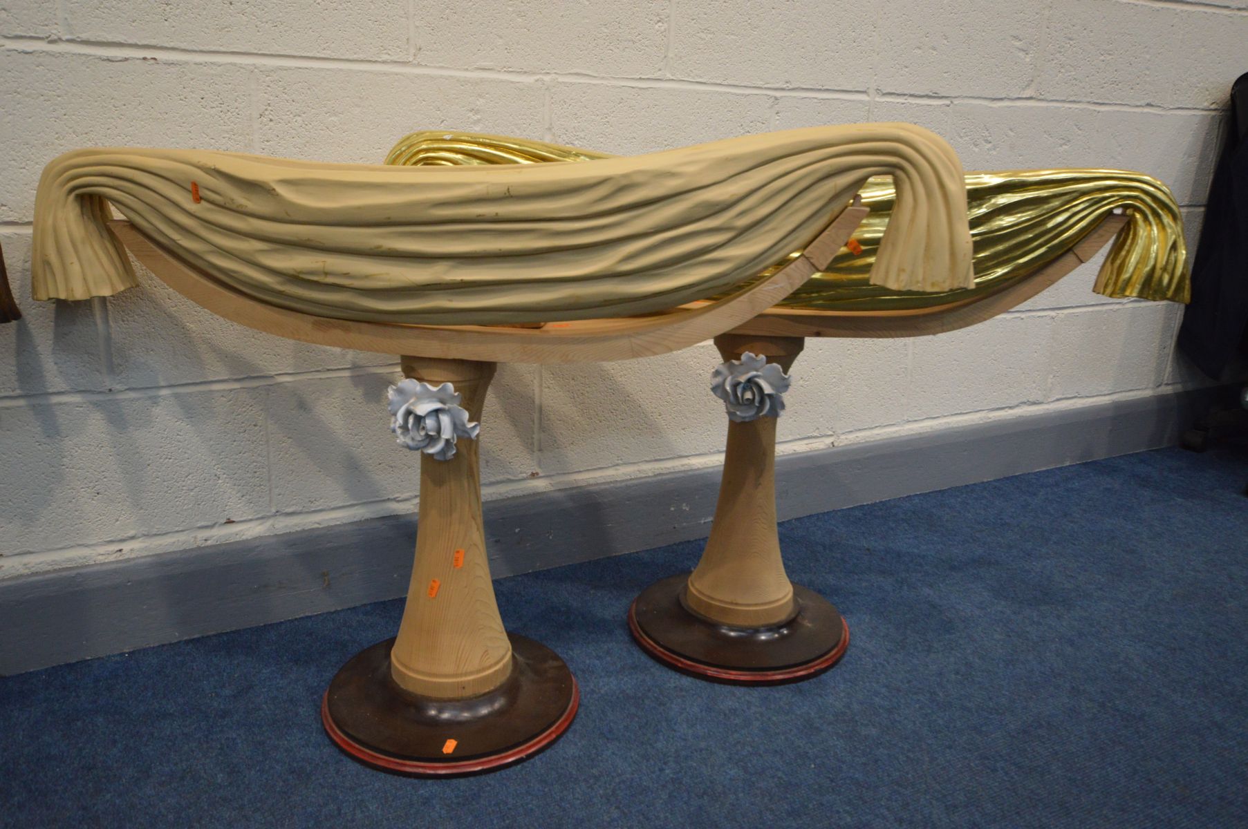 TWO PAIRS OF BESPOKE HAND CARVED PLANTERS, decorated as draped fabrics, on a cylindrical support, - Image 3 of 4