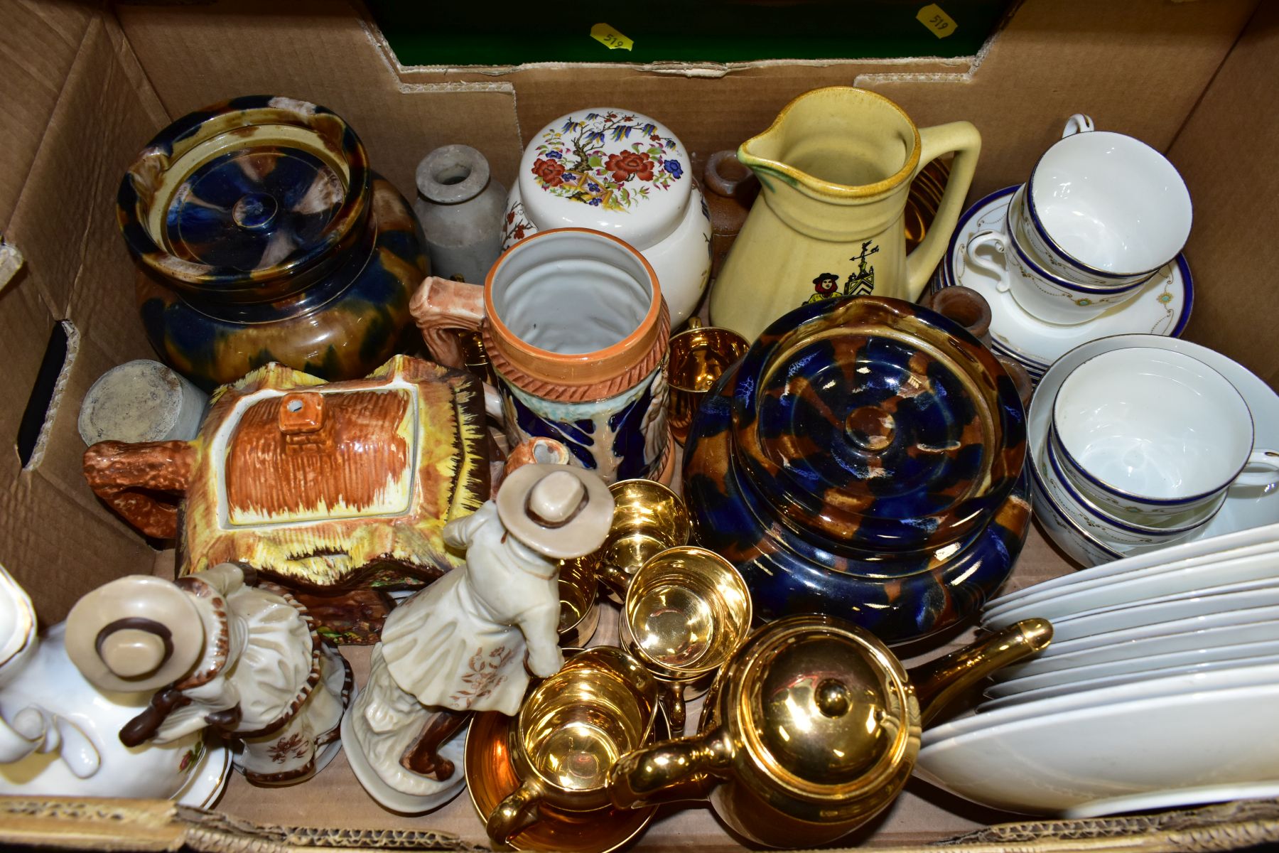 FOUR BOXES OF CERAMICS AND GLASS to include two tobacco jars, treacle glazed, height 14.5cm (missing - Image 3 of 14