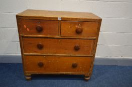 A VICTORIAN AND LATER STAINED PINE CHEST OF TWO SHORT OVER TWO LONG DRAWERS, on bulbous legs,