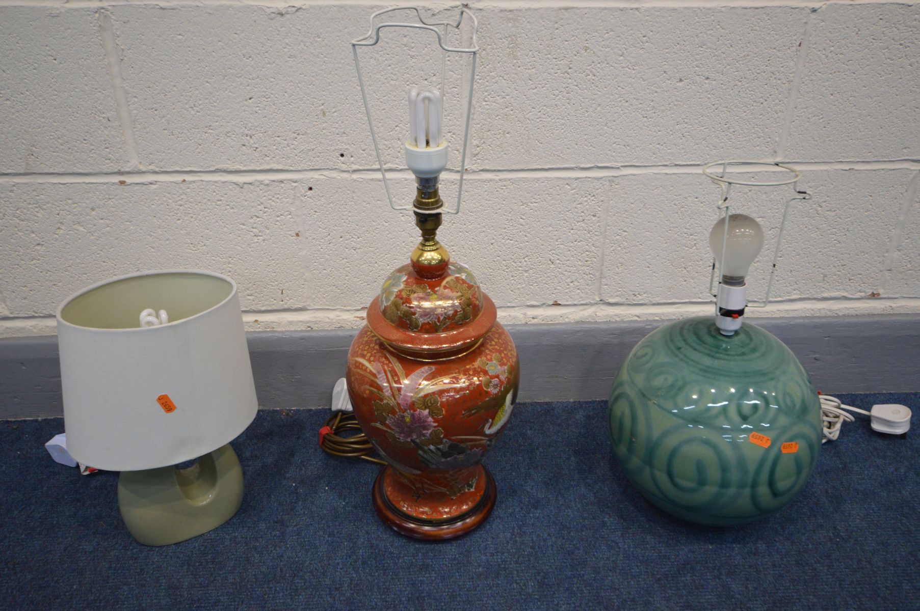 A ORIENTAL CERAMIC TABLE LAMP, height 42cm together with a green spherical table lamp and another (