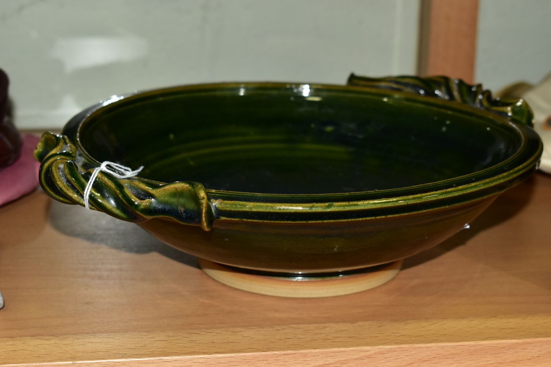 A PAIR OF DOULTON BROWN GLAZED CANDLESTICKS AND A STUDIO POTTERY TWIN HANDLED BOWL, the candlesticks - Image 3 of 5