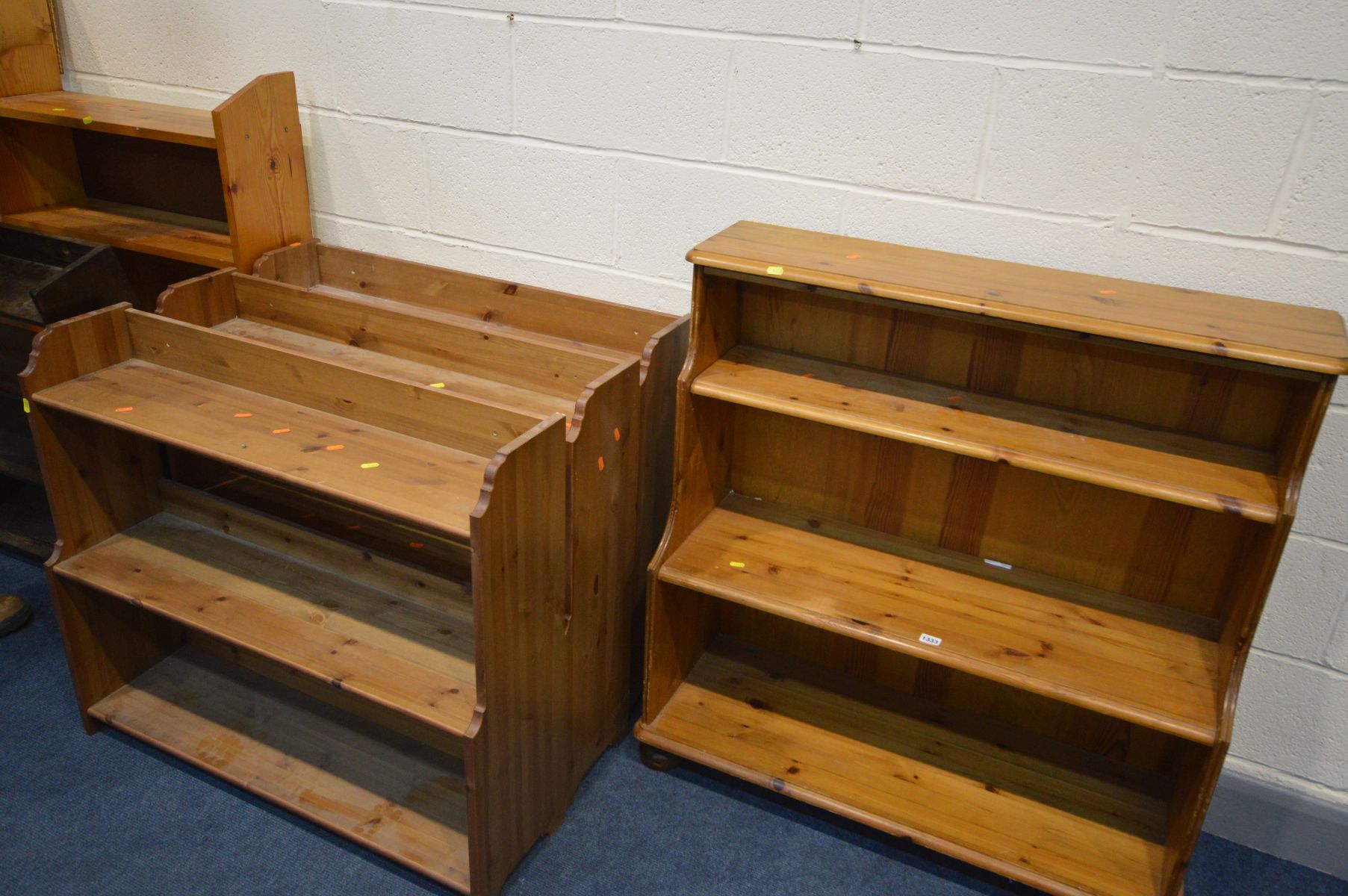 TEN VARIOUS PINE OPEN BOOKCASES, to include a graduated bookcase, and three matching bookcases (10) - Image 2 of 3