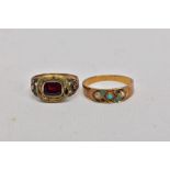 TWO EARLY 20TH CENTURY YELLOW METAL GEM SET RINGS, the first designed set with split pearls and