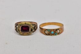 TWO EARLY 20TH CENTURY YELLOW METAL GEM SET RINGS, the first designed set with split pearls and