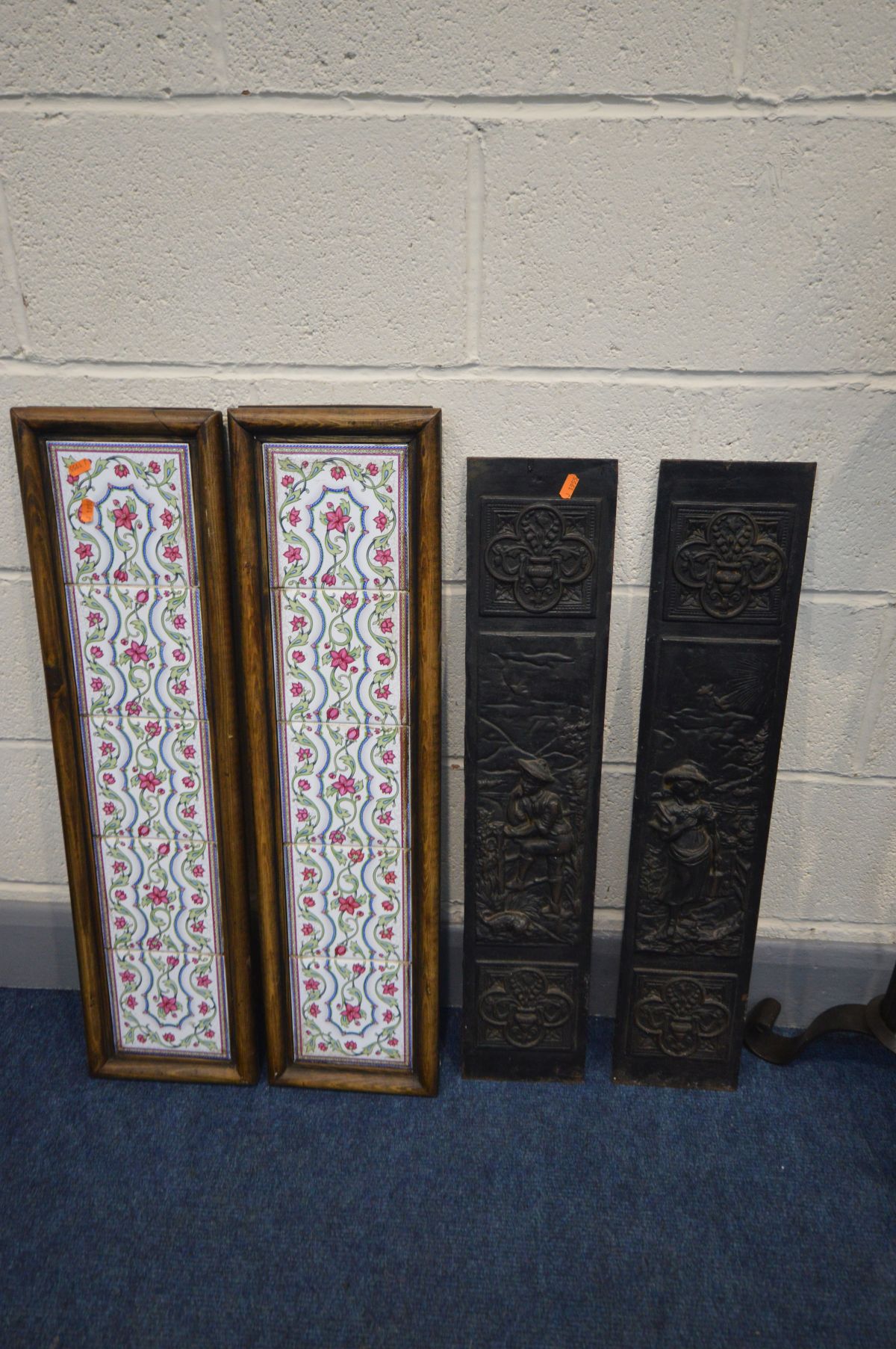 A PAIR OF CAST IRON FIRE PLACE PANELS, pair of tiled fire place panels and a wrought iron candle - Image 2 of 2